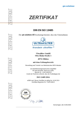 QM-Zertifikat EN 13485 zu ultramask