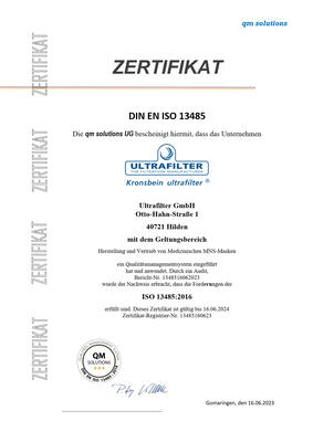 QM-Zertifikat EN 13485 zu ultramask